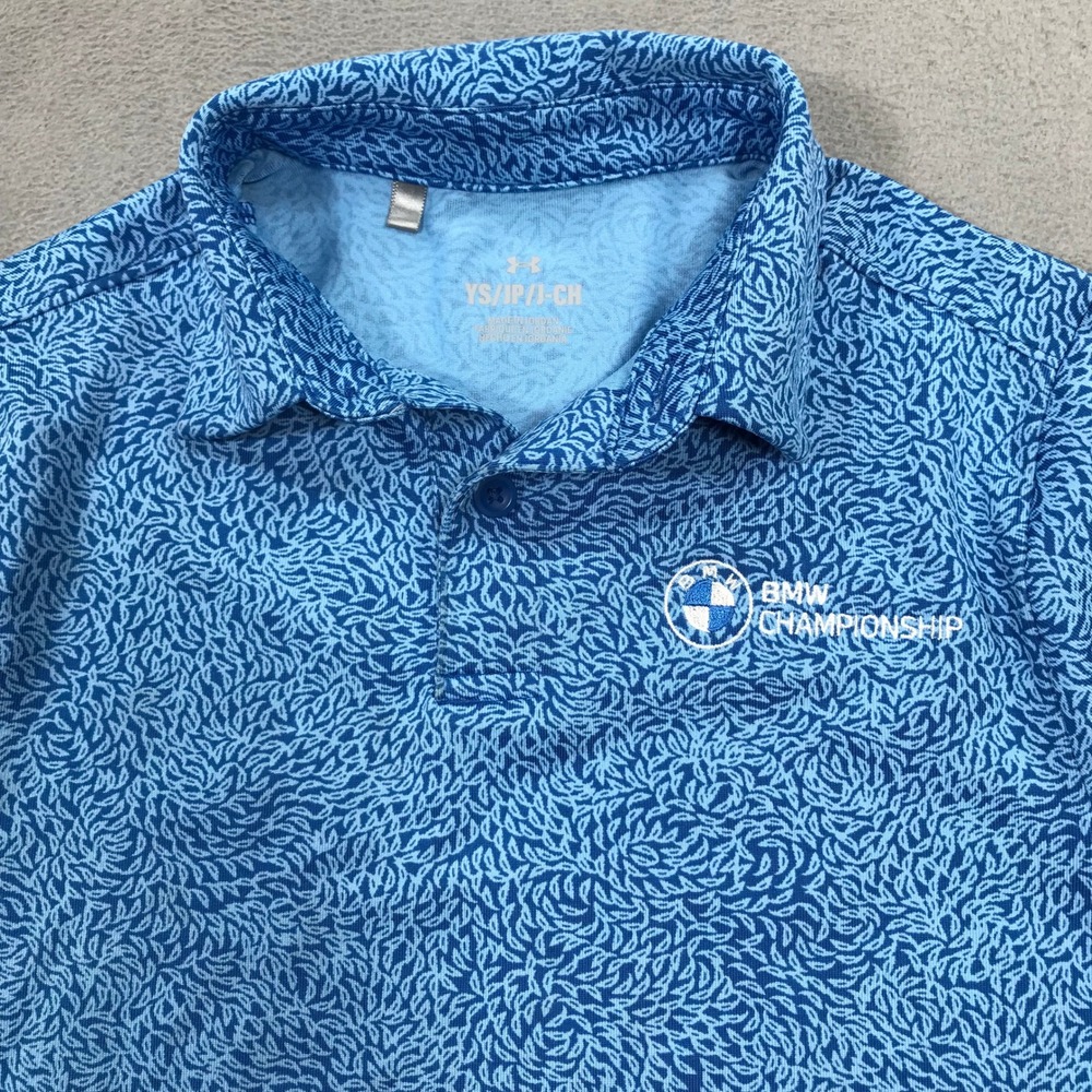 Under Armour Polo Shirt Kids Boys Small Blue BMW Championship Golf Top AOP